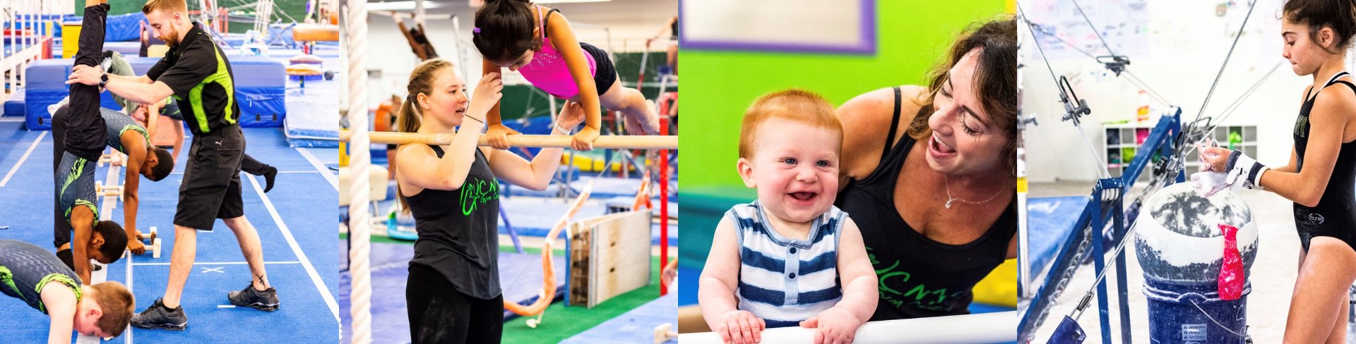 Inside CNY Gym Centre: coaches spotting handstands, a gymnast on the uneven bars, a Baby Gym class, and a team gymnast chalking up